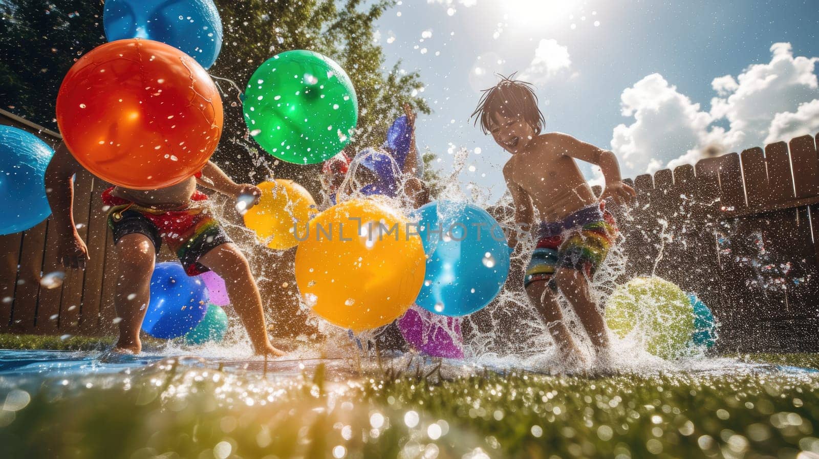 Happy kids having a fun water balloon party in the backyard. AIG41 by biancoblue