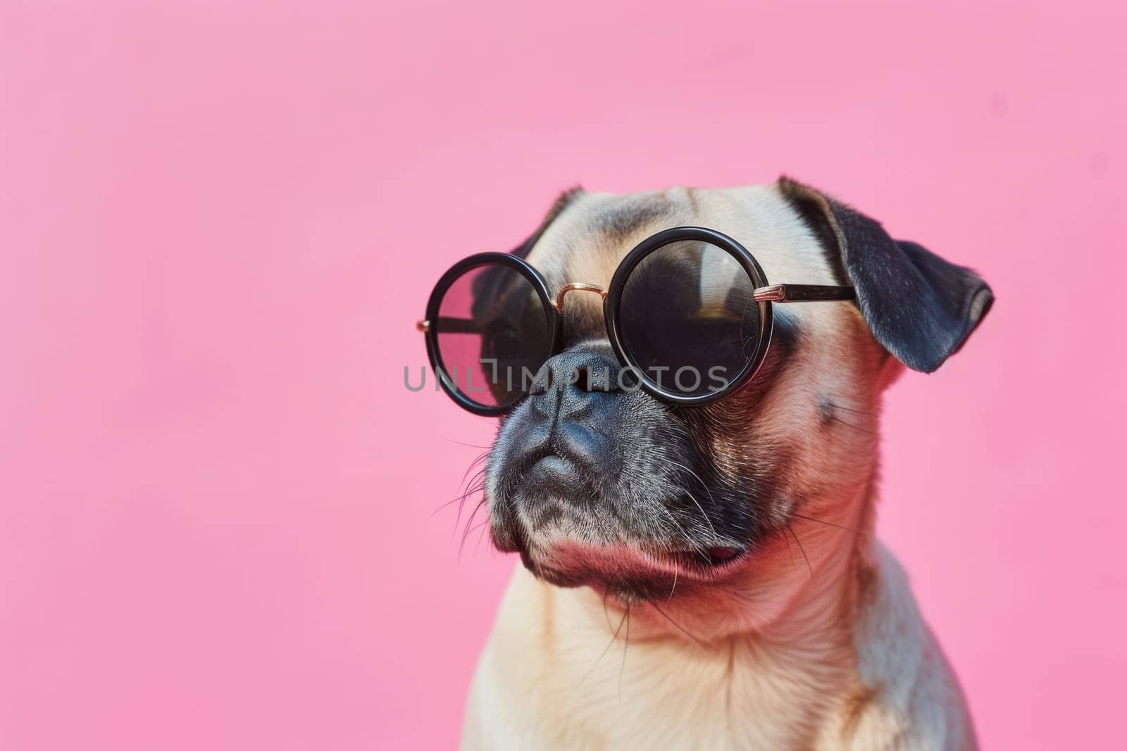 A cute pug dog wearing stylish sunglasses, posing on a vibrant pink background.