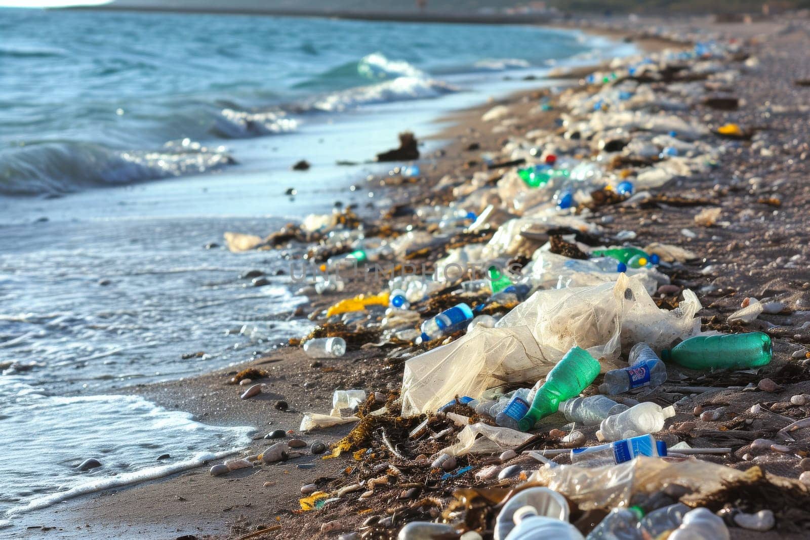 The beach is heavily polluted with plastic bottles and debris, creating an environmental hazard and impacting marine life.