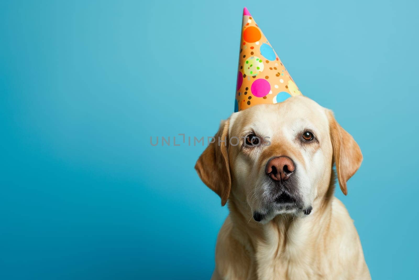 A photo of a dog wearing a party hat, set against a vibrant blue background.