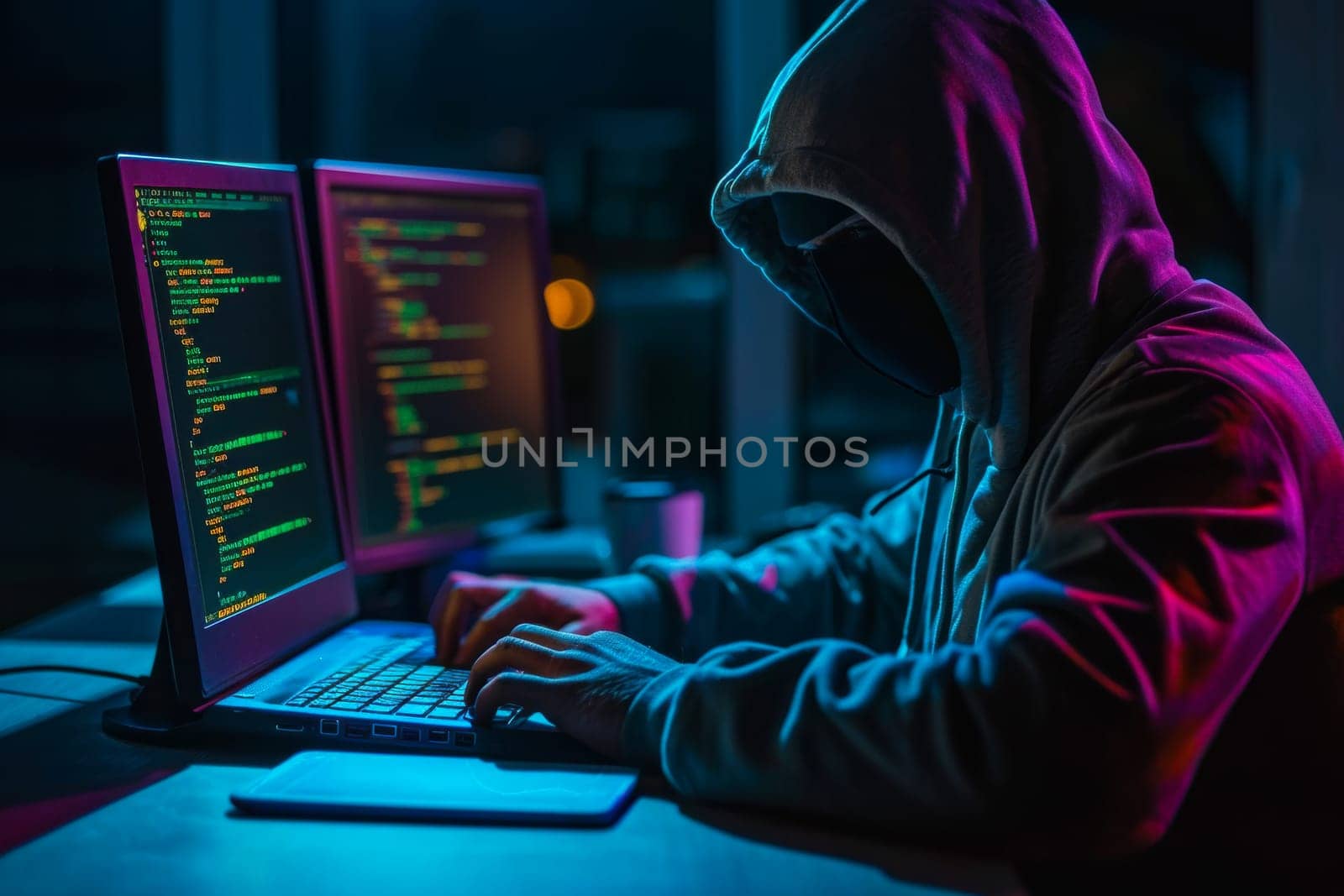 Hacker with hidden face, is sitting in front of a laptop computer, writing code.