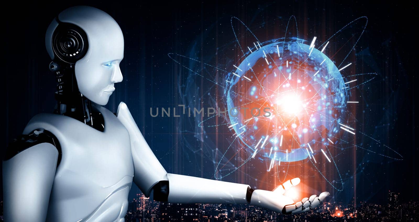 XAI 3d illustration AI humanoid robot holding hologram screen shows concept of global communication network using artificial intelligence thinking by machine learning process. 3D illustration computer graphic.