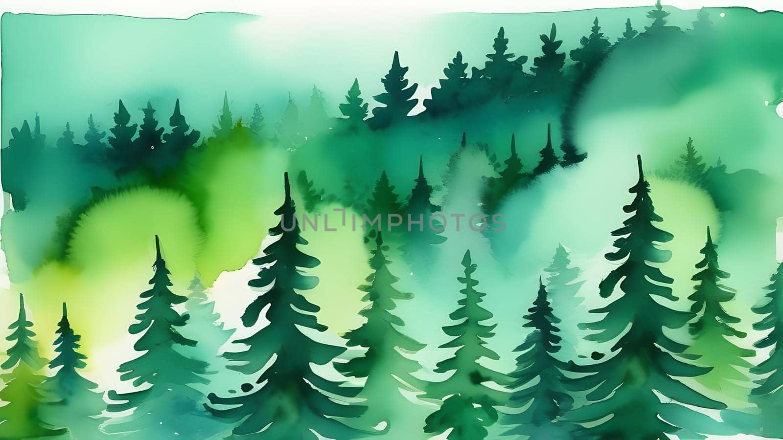 watercolor style illustration of pine forest, generative ai. High quality photo