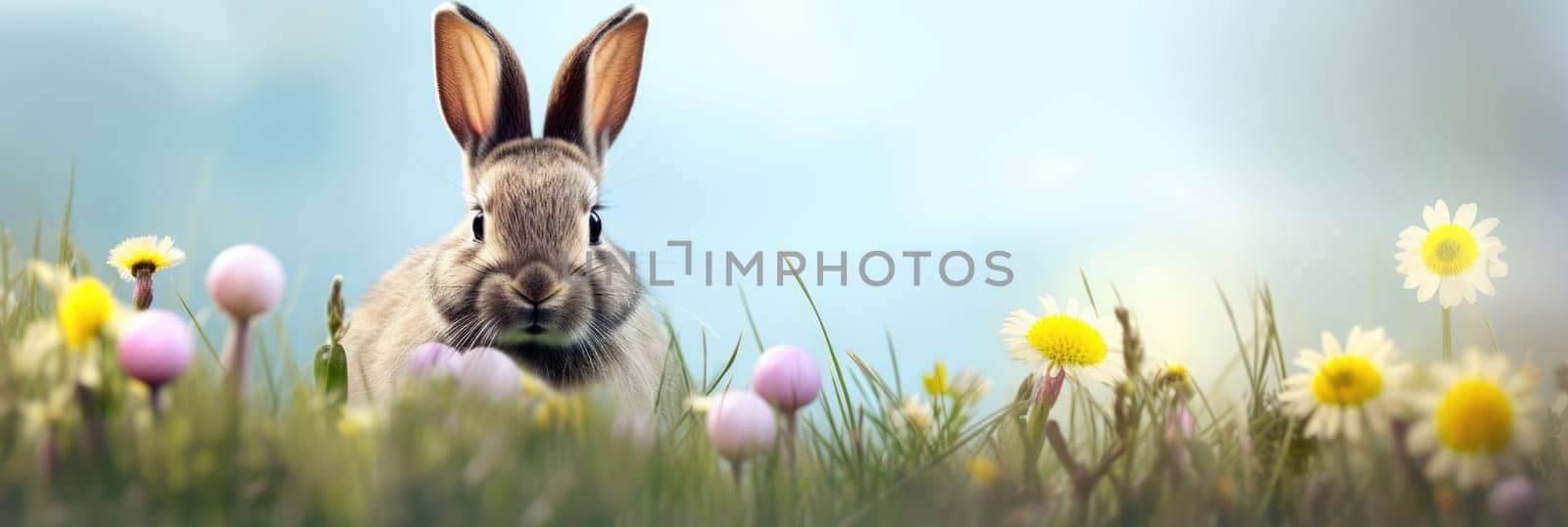 Holiday celebration banner with cute Easter bunny with decorated eggs and spring flowers on green spring meadow. Rabbit in landscape. Happy Easter greeting card, banner, festive background. Copy space