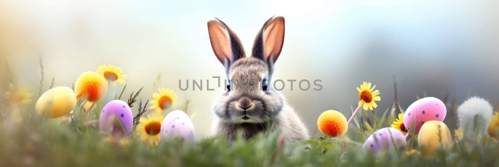 Holiday celebration banner with cute Easter bunny with decorated eggs and spring flowers on green spring meadow. Rabbit in landscape. Happy Easter greeting card, banner, festive background. Copy space