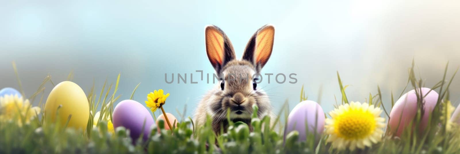 Holiday celebration banner with cute Easter bunny with decorated eggs and spring flowers on green spring meadow. Rabbit in landscape. Happy Easter greeting card, banner, festive background. Copy space