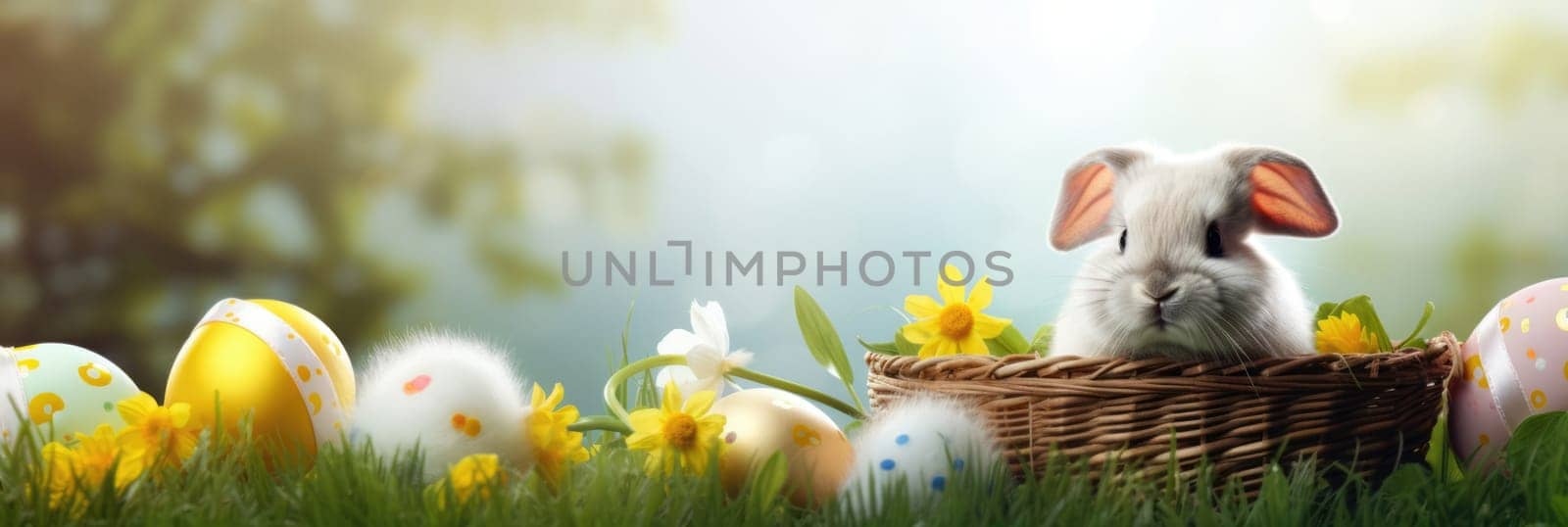 Holiday celebration banner with cute Easter bunny with decorated eggs and spring flowers on green spring meadow. Rabbit in landscape. Happy Easter greeting card, banner, festive background. Copy space