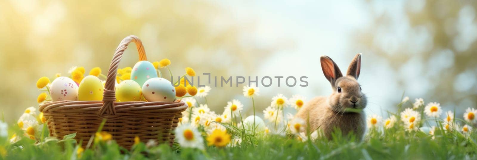 Holiday celebration banner with cute Easter bunny with decorated eggs and spring flowers on green spring meadow. Rabbit in landscape. Happy Easter greeting card, banner, festive background. Copy space