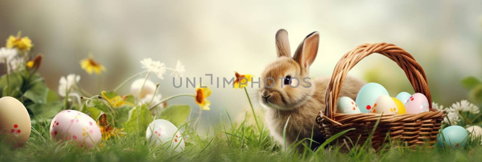 Holiday celebration banner with cute Easter bunny with decorated eggs and spring flowers on green spring meadow. Rabbit in landscape. Happy Easter greeting card, banner, festive background. Copy space