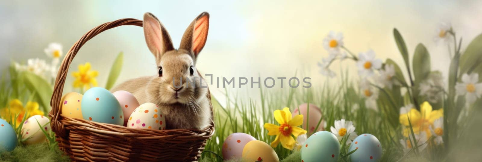 Holiday celebration banner with cute Easter bunny with decorated eggs and spring flowers on green spring meadow. Rabbit in landscape. Happy Easter greeting card, banner, festive background. Copy space