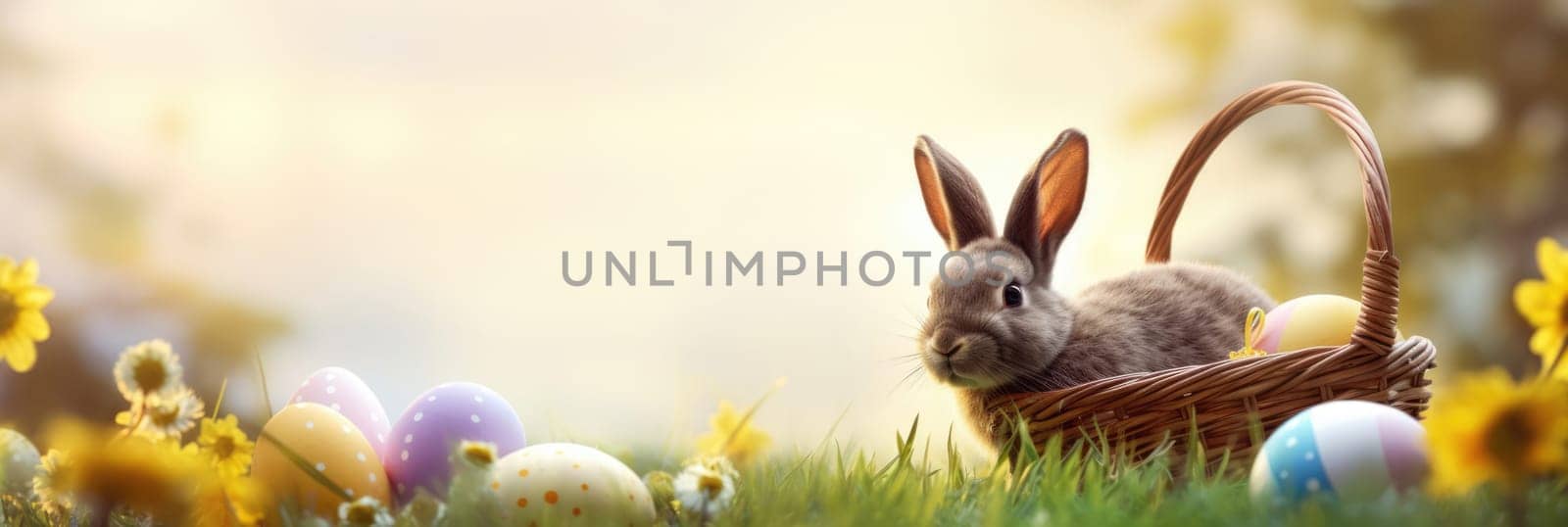 Holiday celebration banner with cute Easter bunny with decorated eggs and spring flowers on green spring meadow. Rabbit in landscape. Happy Easter greeting card, banner, festive background. Copy space