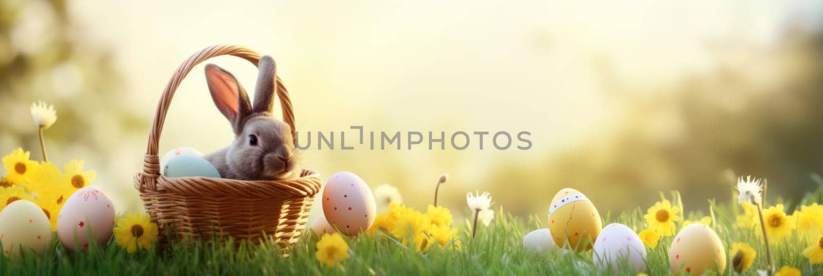 Holiday celebration banner with cute Easter bunny with decorated eggs and spring flowers on green spring meadow. Rabbit in landscape. Happy Easter greeting card, banner, festive background. Copy space