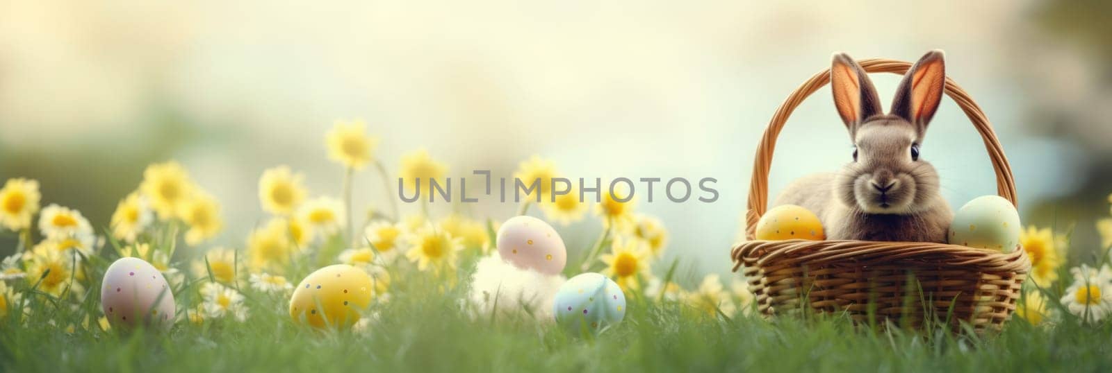 Holiday celebration banner with cute Easter bunny with decorated eggs and spring flowers on green spring meadow. Rabbit in landscape. Happy Easter greeting card, banner, festive background. Copy space