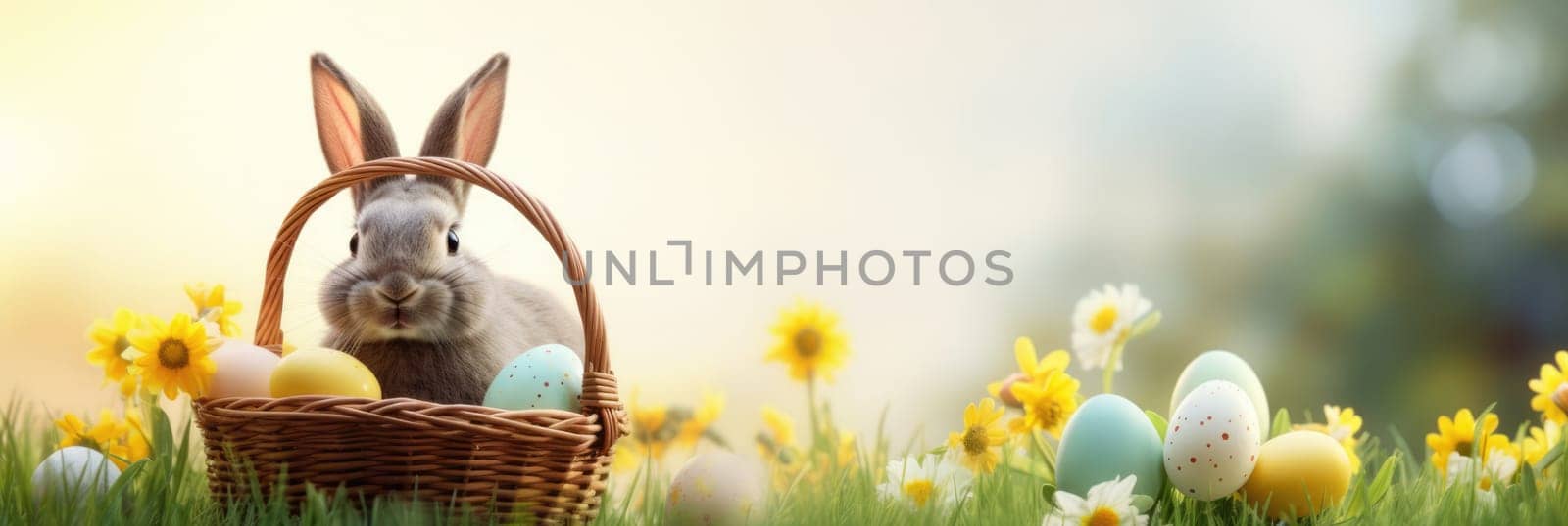 Holiday celebration banner with cute Easter bunny with decorated eggs and spring flowers on green spring meadow. Rabbit in landscape. Happy Easter greeting card, banner, festive background. Copy space