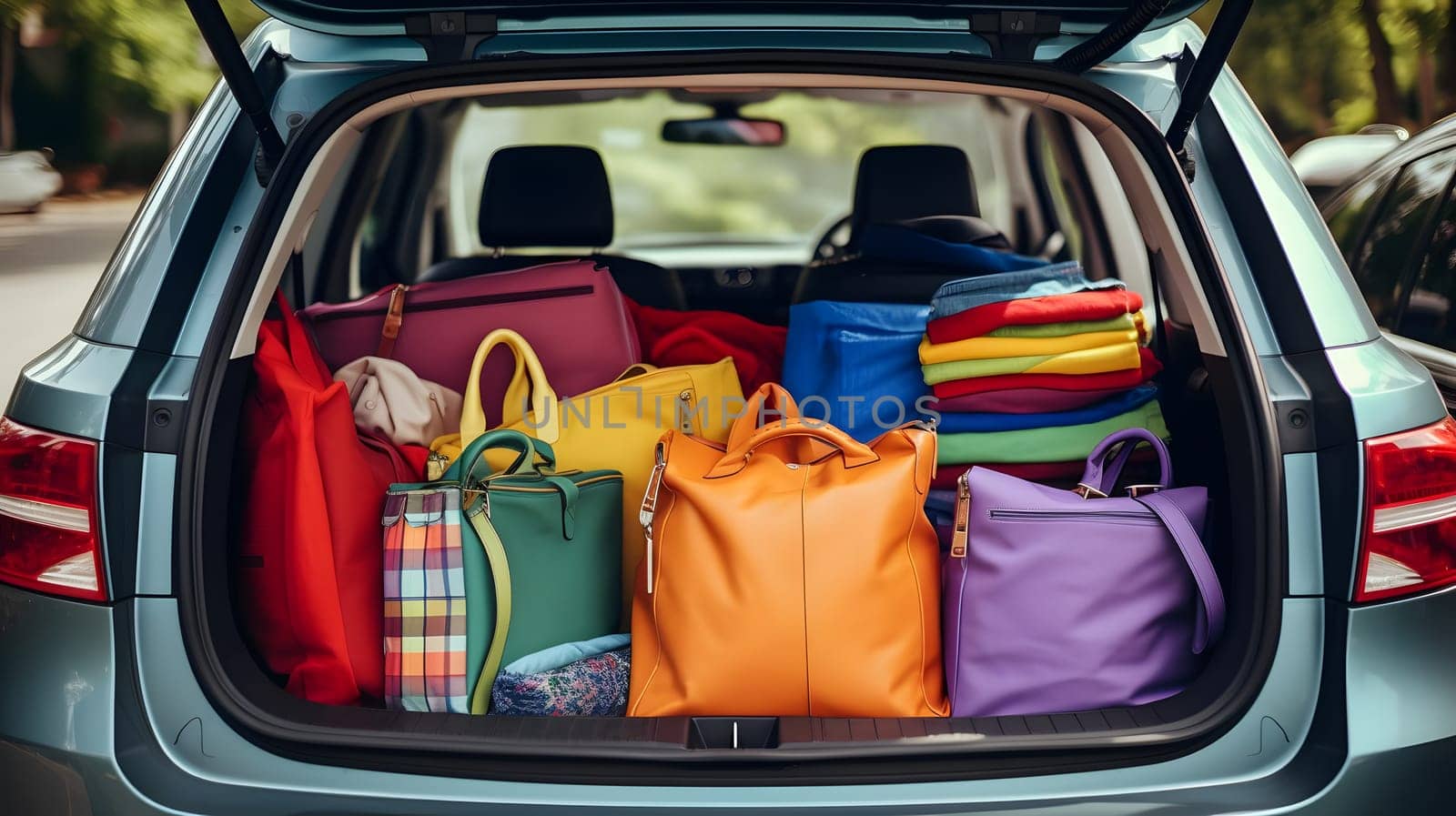 car trunk full of colorful shopping bags, generative ai. High quality photo