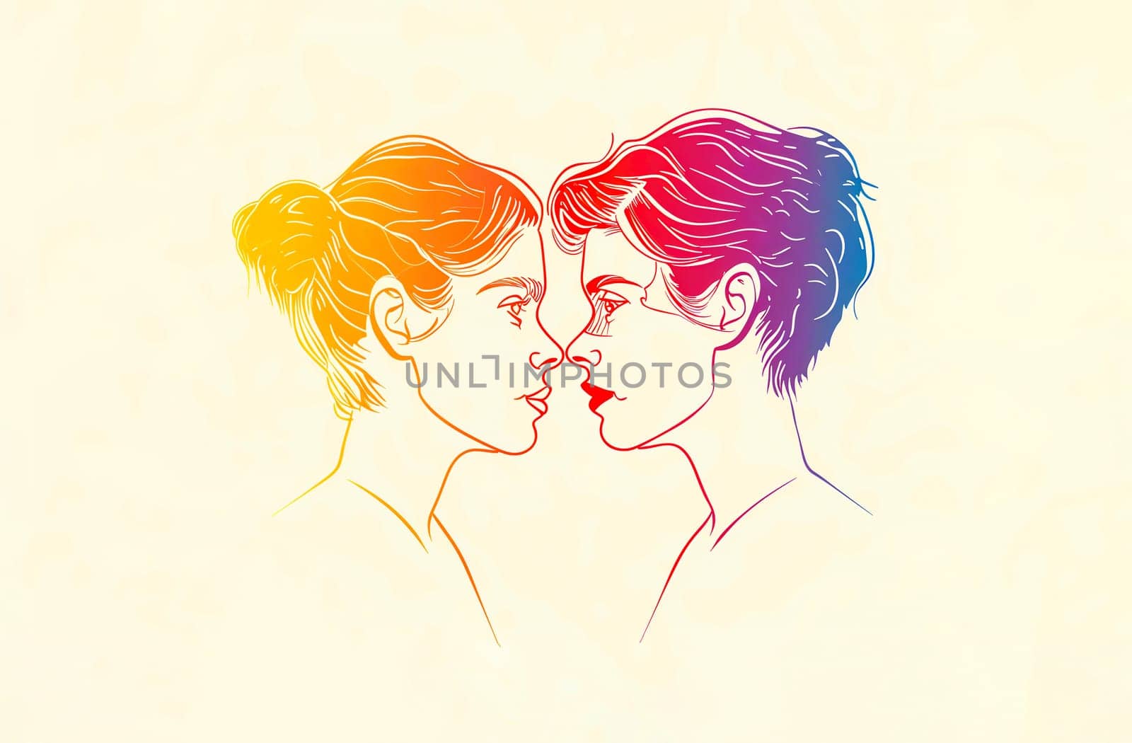 Greeting Card Lesbian Visibility Day. Neon Bright Rainbow Portrait of Two Women on Beige Background. Horizontal Mockup. Design For Postcard. AI Generated. LGBT Pride Month by netatsi