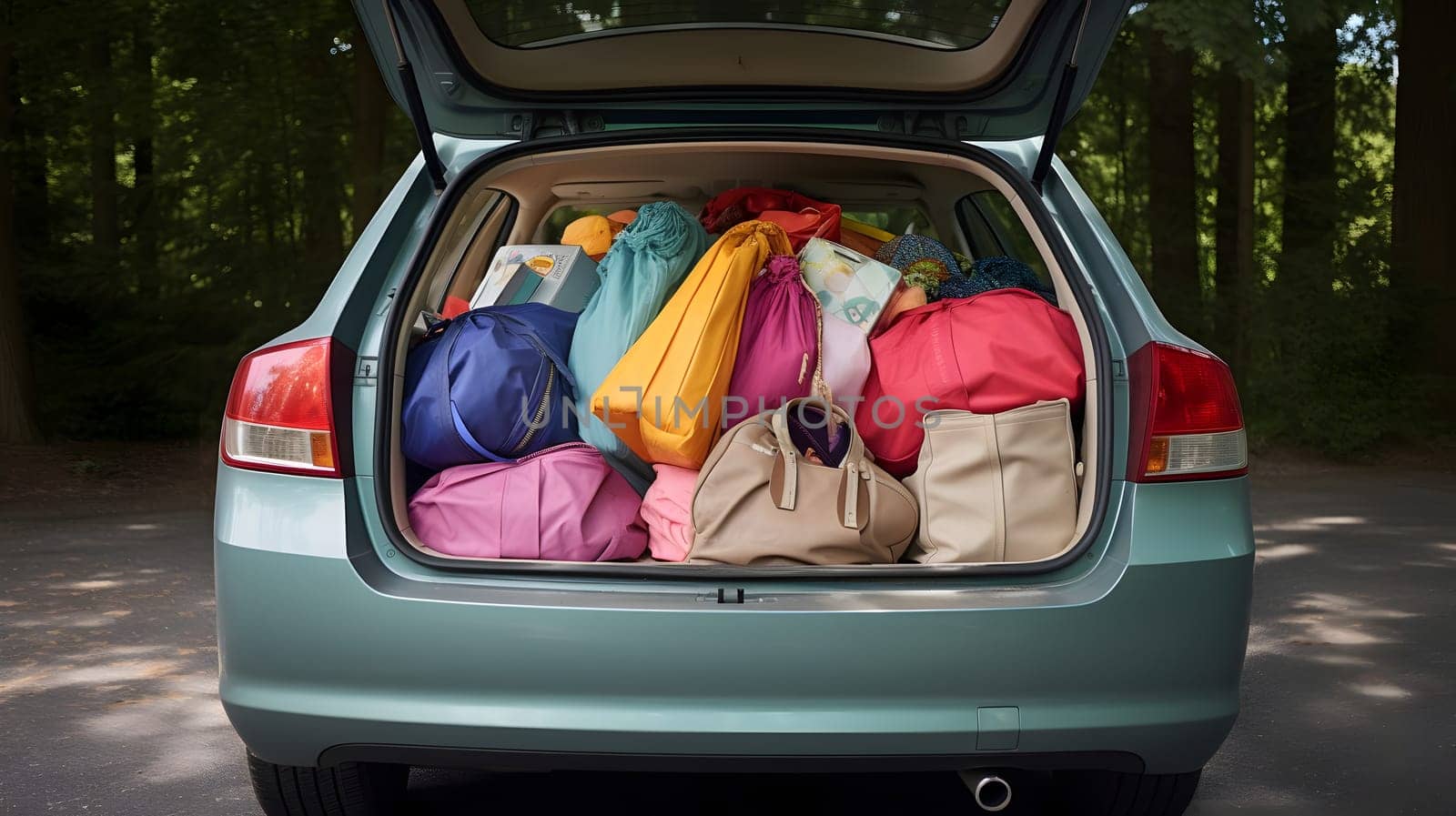 car trunk full of colorful shopping bags, generative ai by Chechotkin