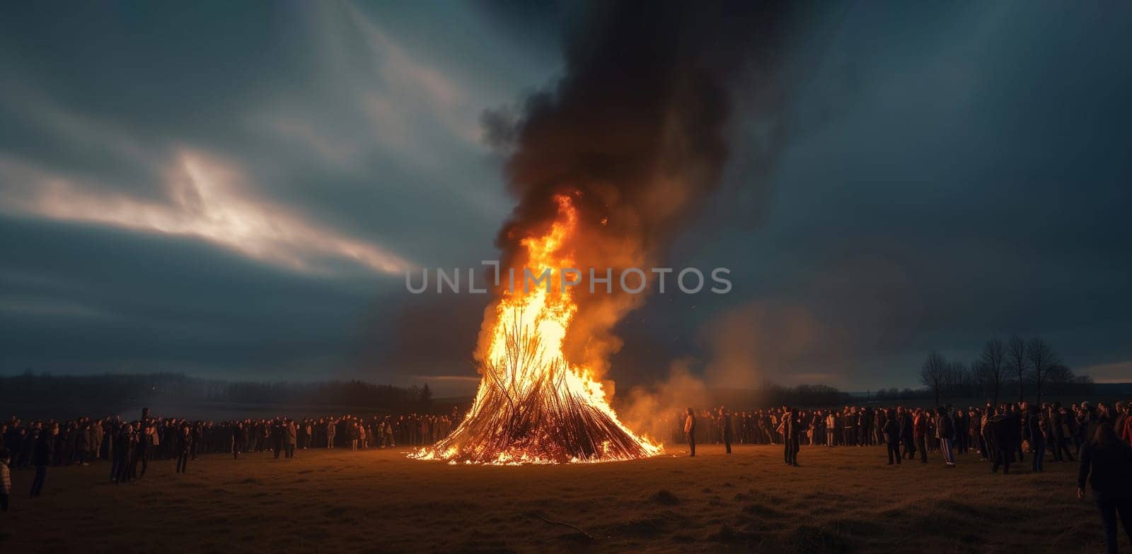 Easter Fire Or Osterfeuer. People Gather To Light Big Bonfire On Evening Before Easter Sunday. Horizontal Ai Generated. Celebrating Christian Holiday. Paschal Fire. Liturgical, Secular Celebration.