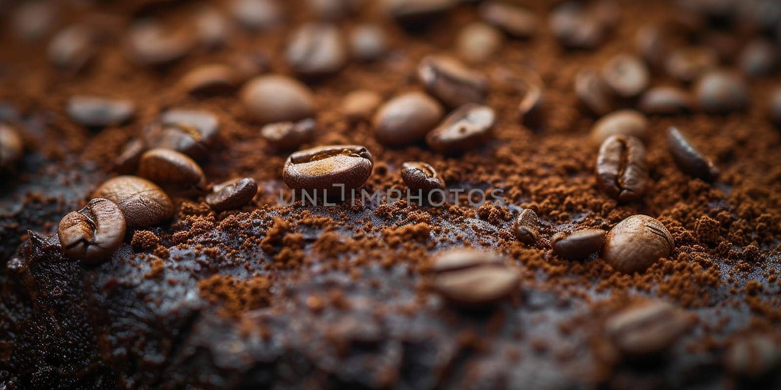 Extreme macro photography of fresh roasted coffee beans ground. by Benzoix