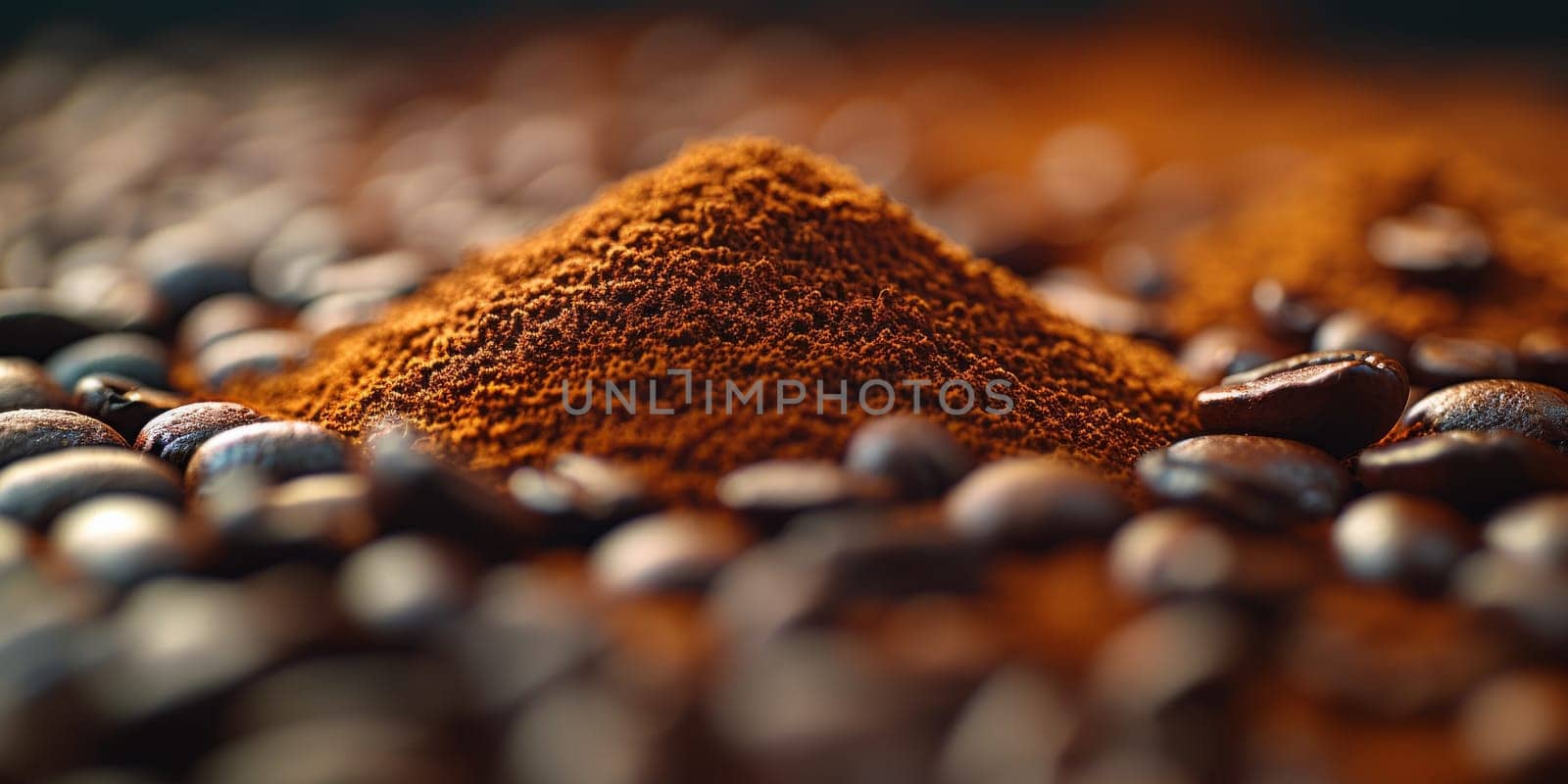 Extreme macro photography of fresh roasted coffee beans ground. by Benzoix