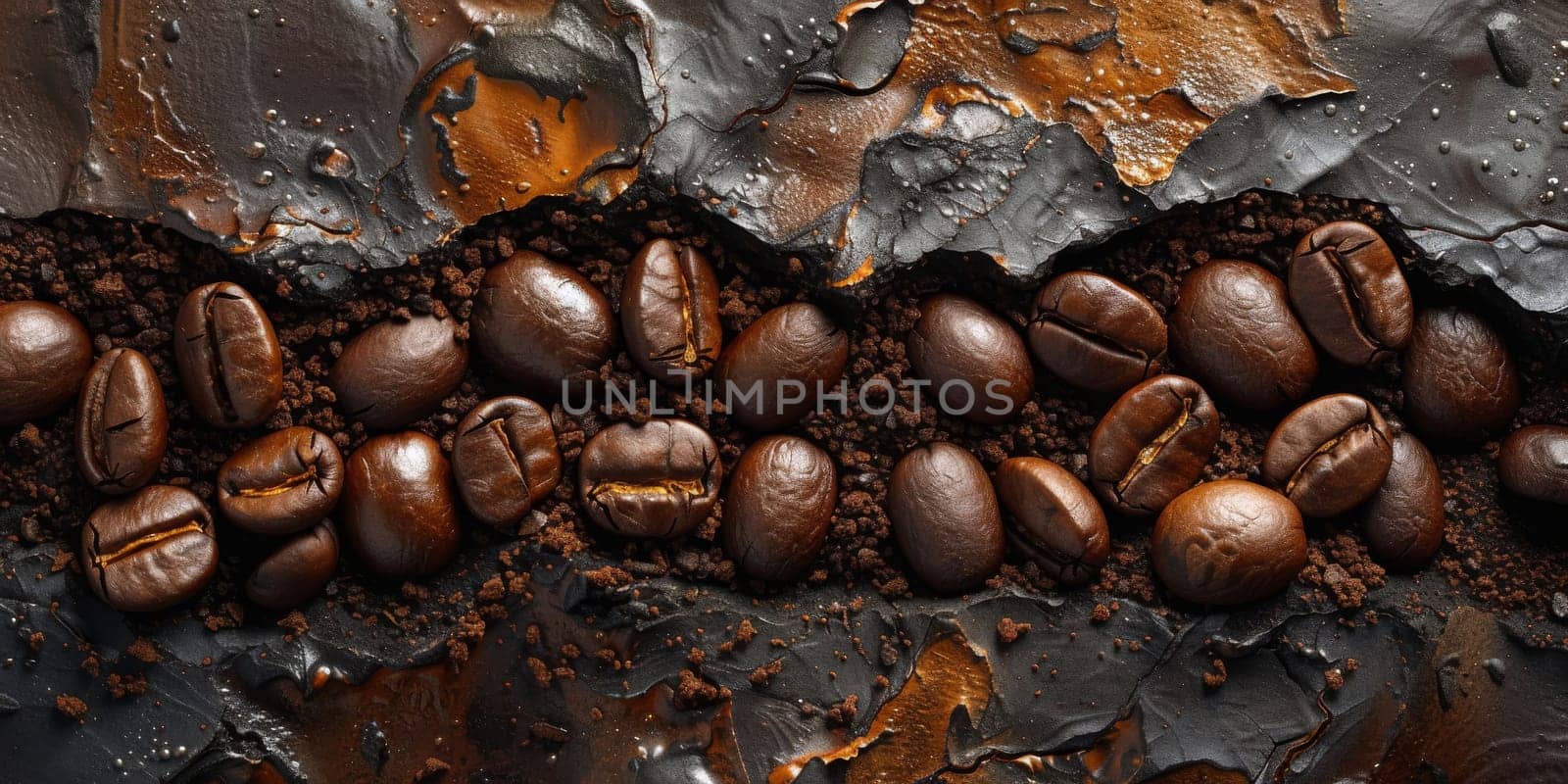 Extreme macro photography of fresh roasted coffee beans ground