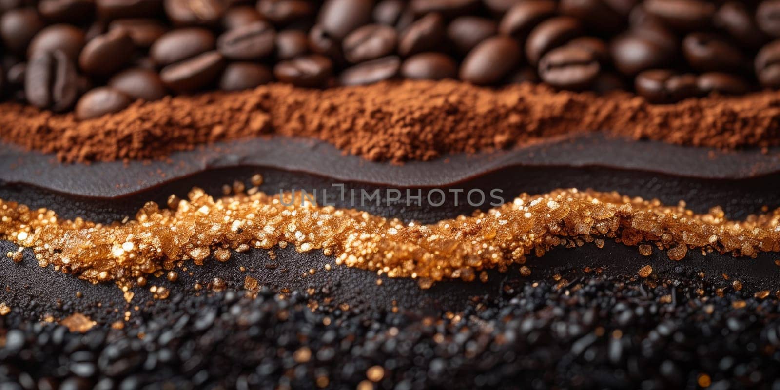 Extreme macro photography of fresh roasted coffee beans ground