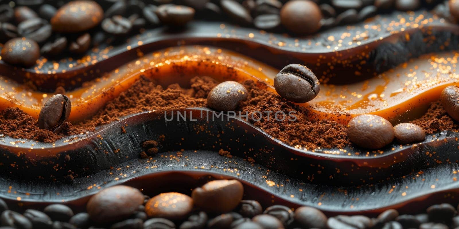 Extreme macro photography of fresh roasted coffee beans ground. by Benzoix