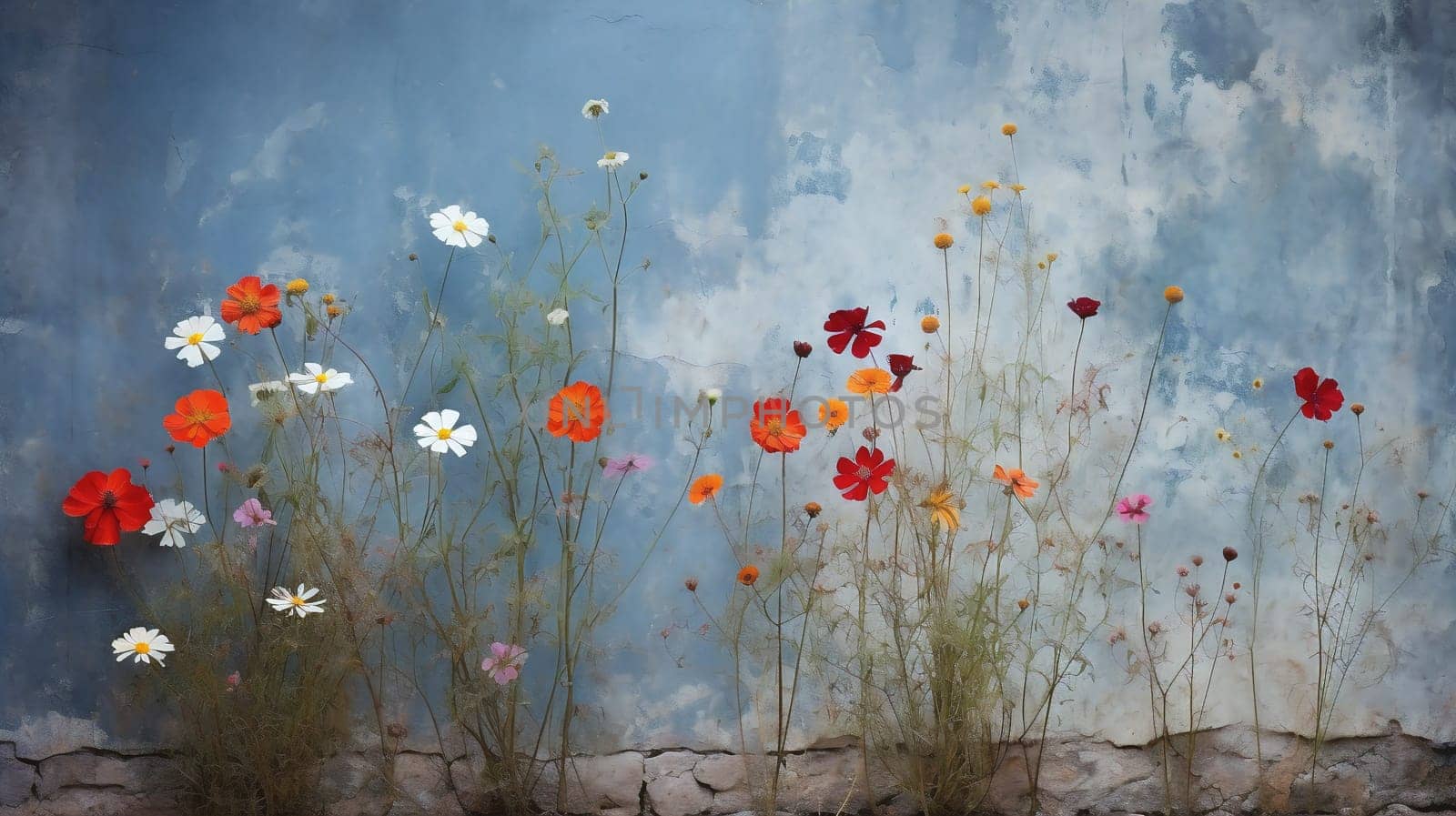 Colorful Wildflowers Blooming Against a Weathered Wall by chrisroll
