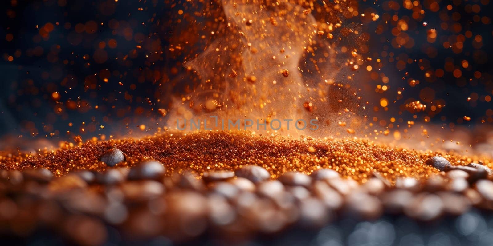 Extreme macro photography of fresh roasted coffee beans ground