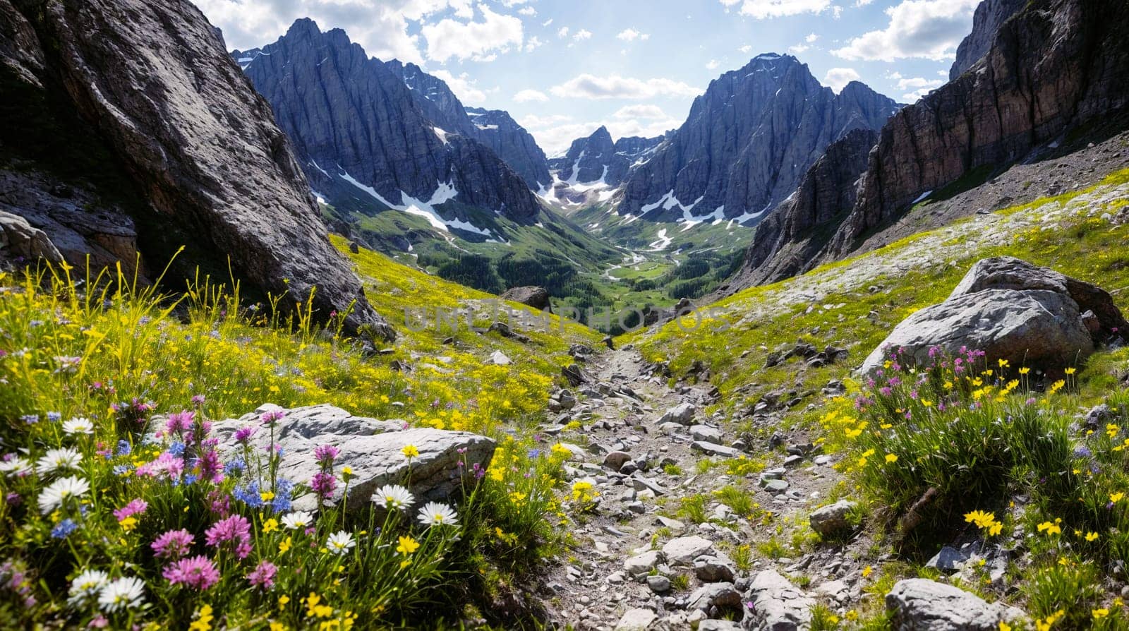 A vibrant mountain path lined with wildflowers leads towards towering peaks under a clear blue sky - Generative AI