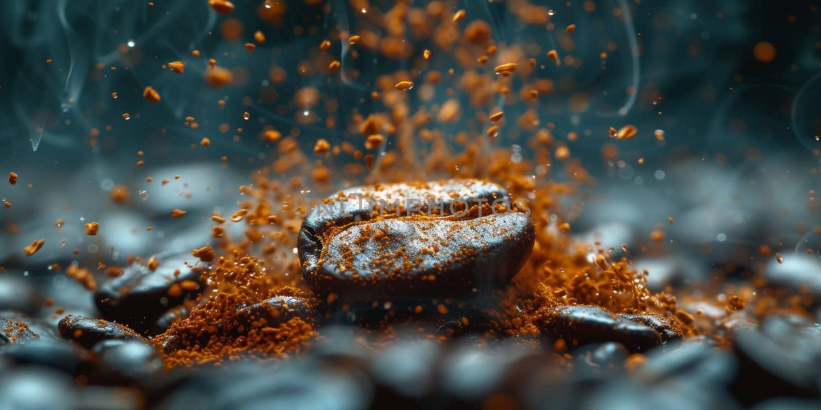 Extreme macro photography of fresh roasted coffee beans ground