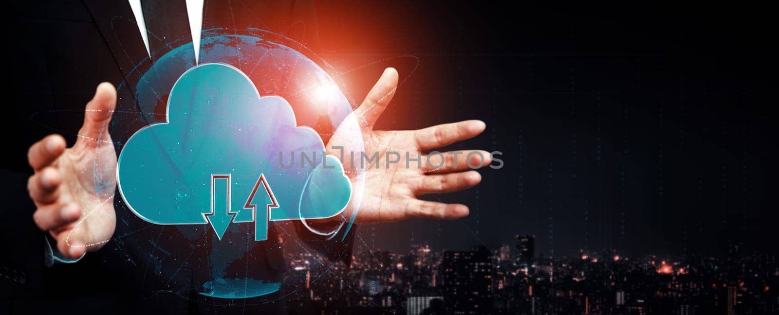Cloud computing technology and online data storage for business network concept. Computer connects to internet server service for cloud data transfer presented in 3D futuristic graphic interface. uds