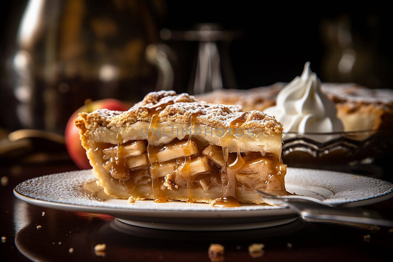 Sliced apple pie with whipped cream on a classic plate, dessert.