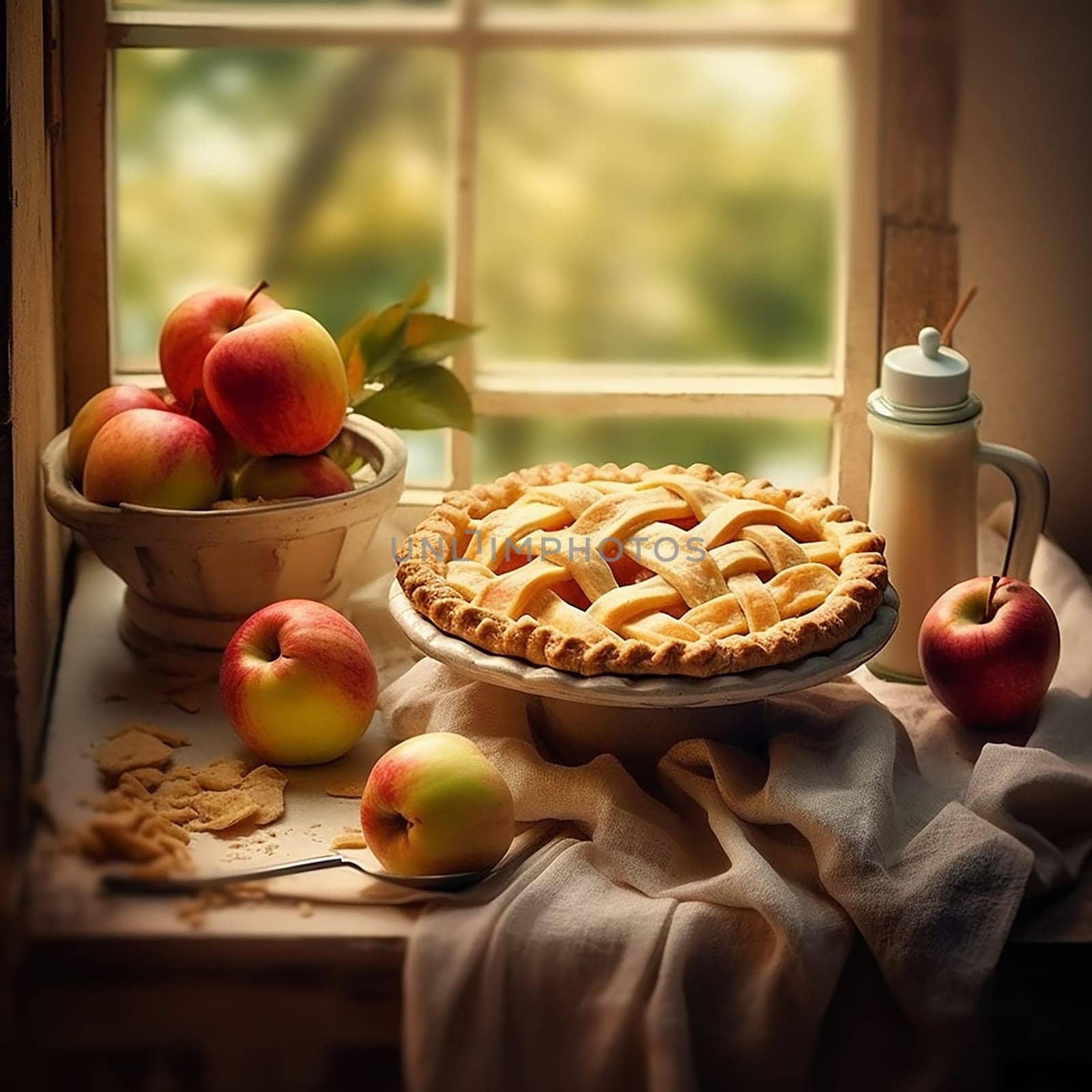 Homemade apple pie by a window, symbolizing cozy domestic baking