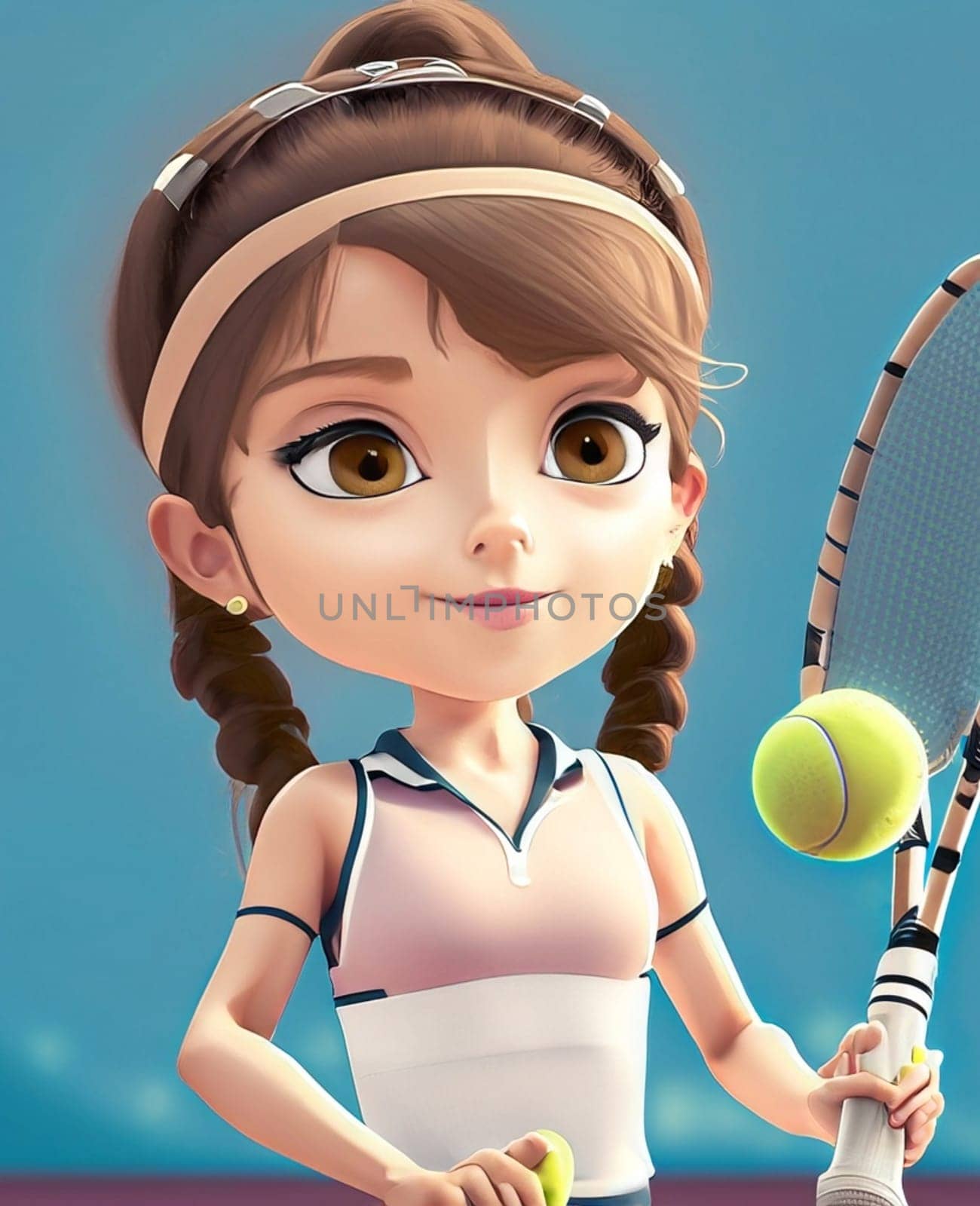 A young girl tennis player in cartoon style poses n a open big tennis court by Costin