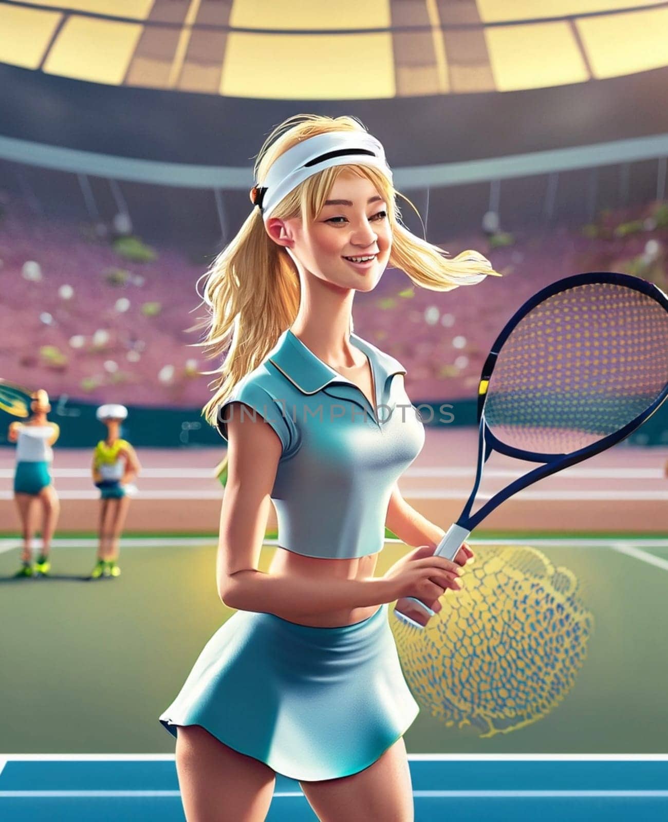 A young girl tennis player in cartoon style poses n a open big tennis court by Costin