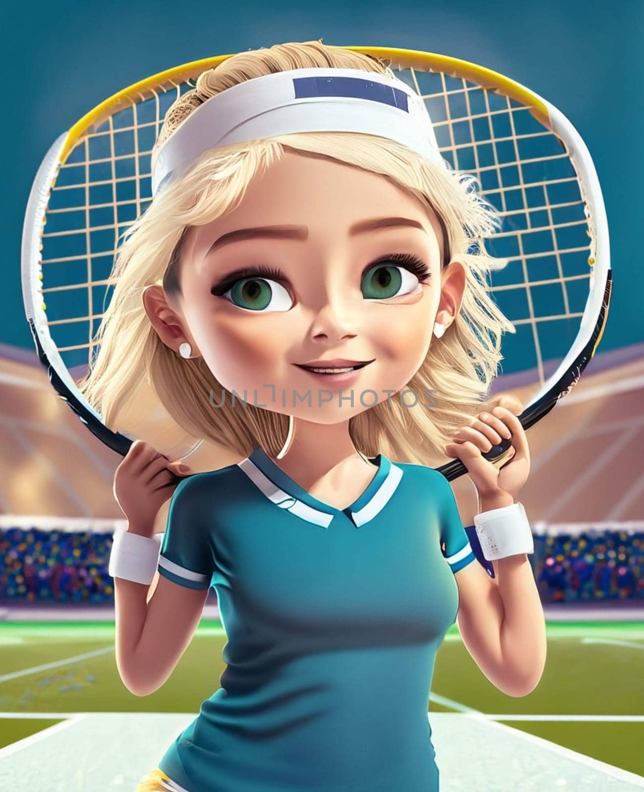 A young girl tennis player in cartoon style poses n a open big tennis court by Costin