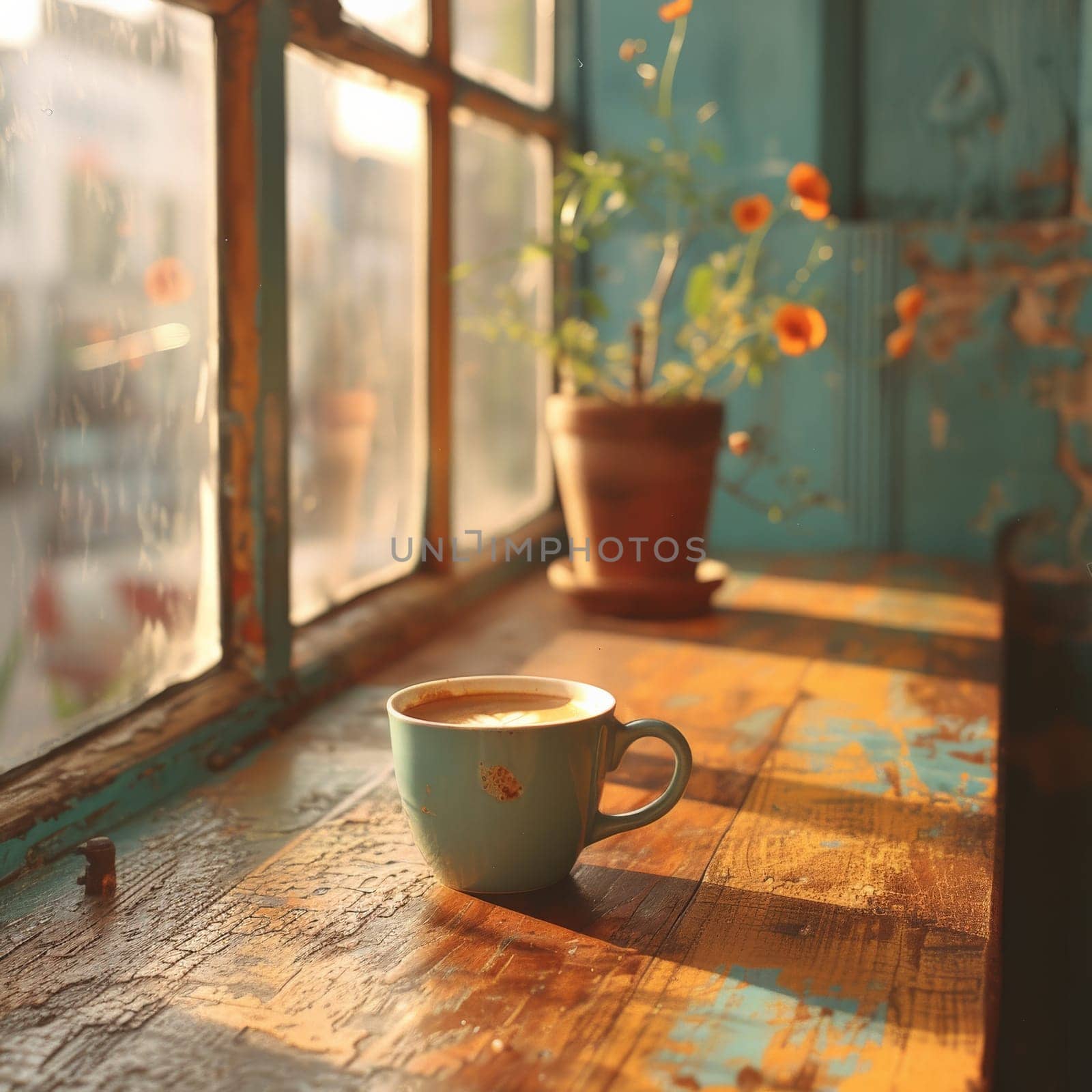Coffee break in cozy cafe and natural background