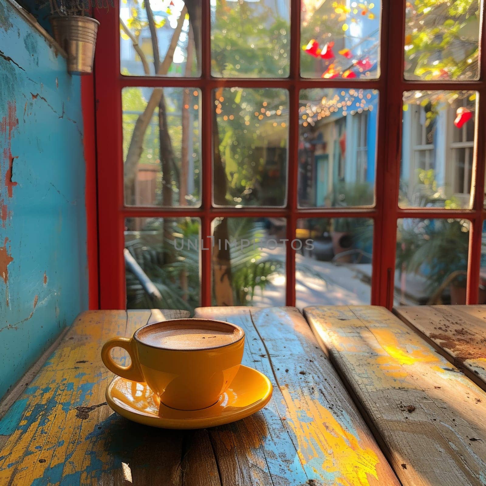 Coffee break in cozy cafe and natural background