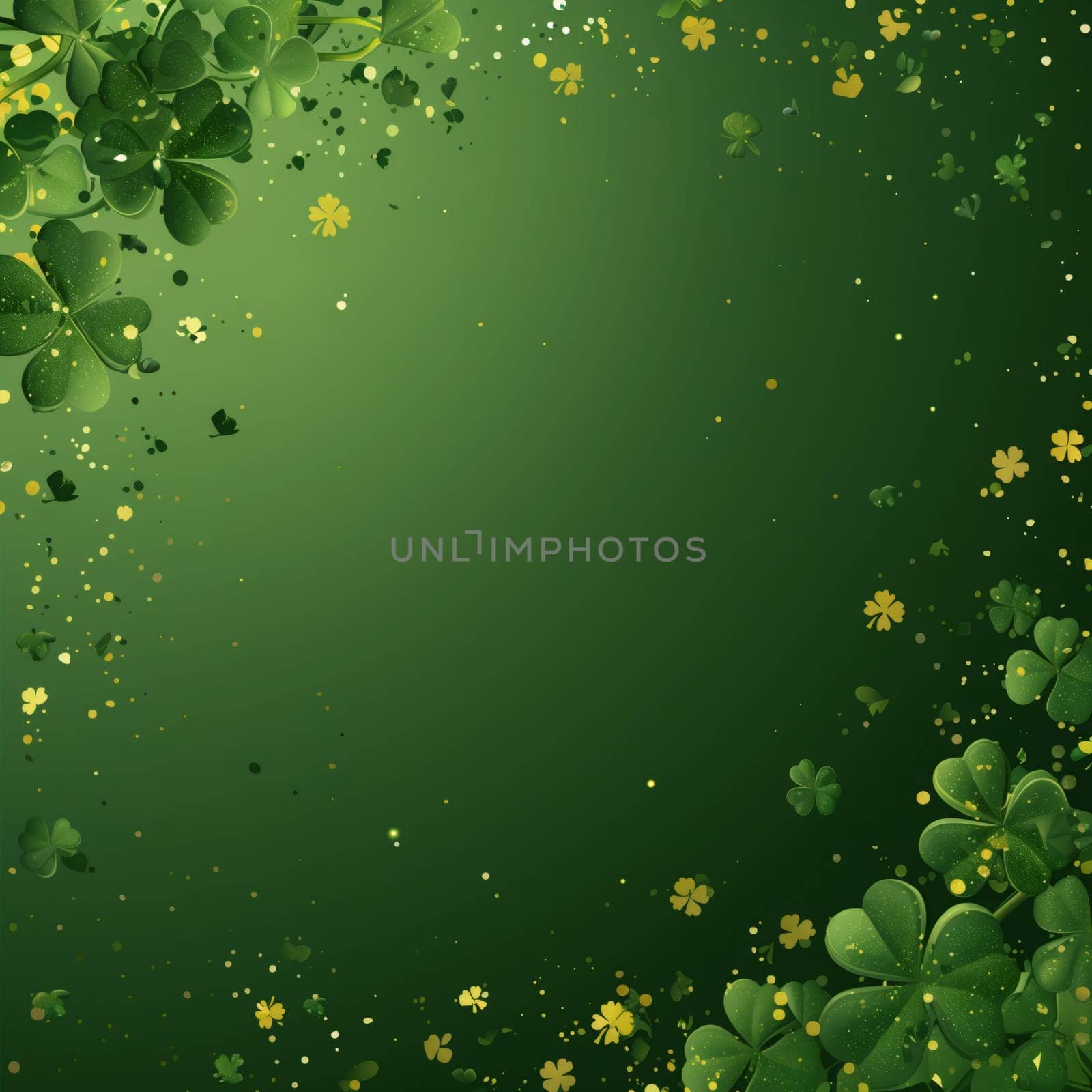 Beautiful delicate background of falling 3D shamrock leaves on a green background with copy space in the center, flat lay close-up.