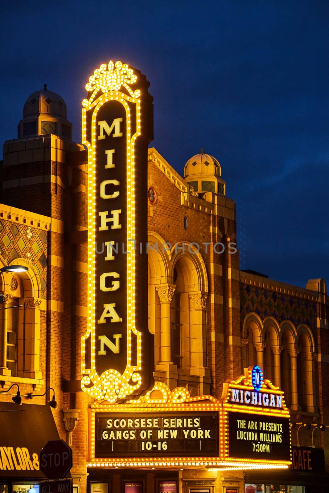 Vibrant Night View of Illuminated Michigan Theater Marquee in Downtown Ann Arbor