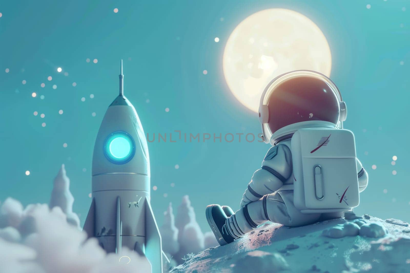 3d cartoon of astronaut and rocket with moon. Generative AI.