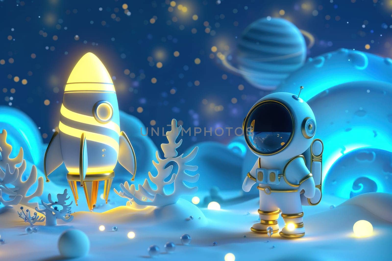 3d cartoon of astronaut and rocket with moon. Generative AI.