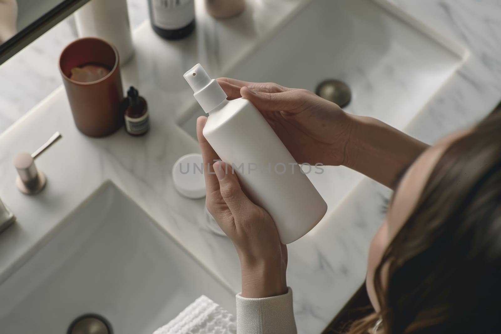 Package design cosmetic mockup, The woman's hands picking up a white blank bottle of the hair cream.