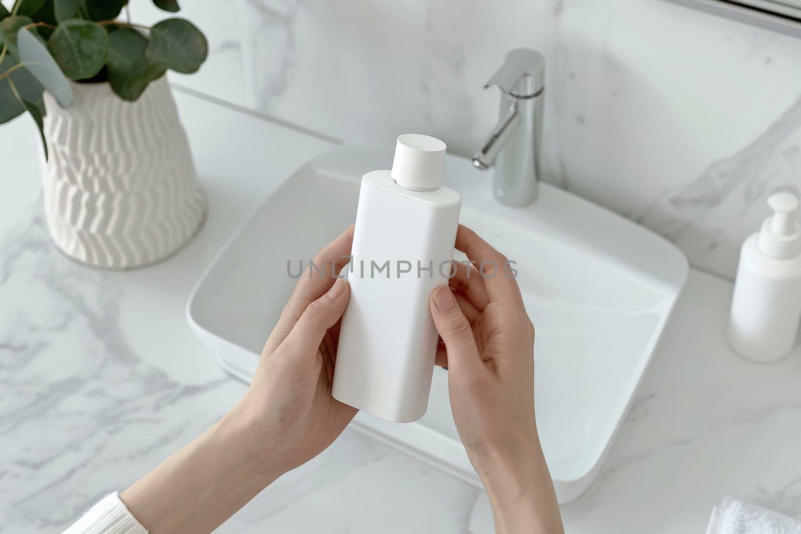 Package design cosmetic mockup, The woman's hands picking up a white blank bottle of the hair cream.