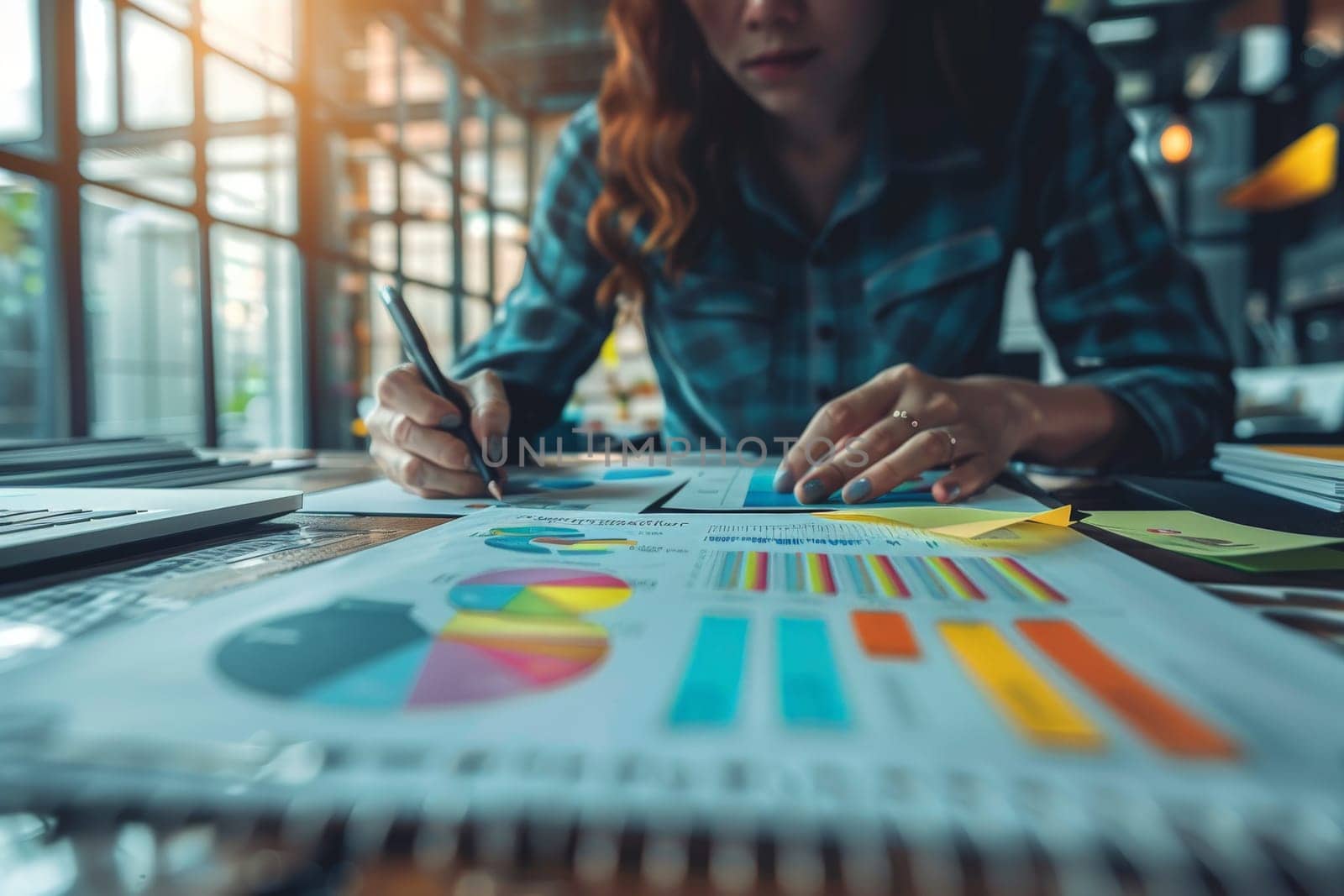 Selective focus on the businesswoman's hand, writing down tasks and note, office background.