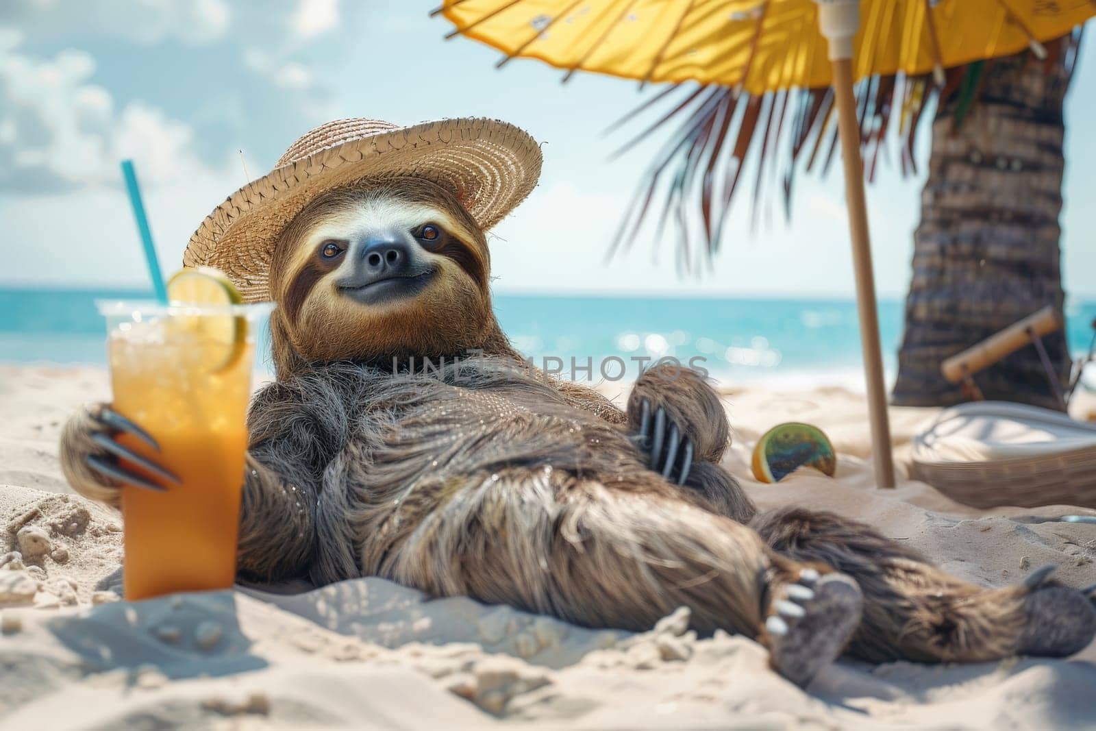 a crazy sloth lies chilled by the sea with a sun hat and a drink in his hand, summer vacation.