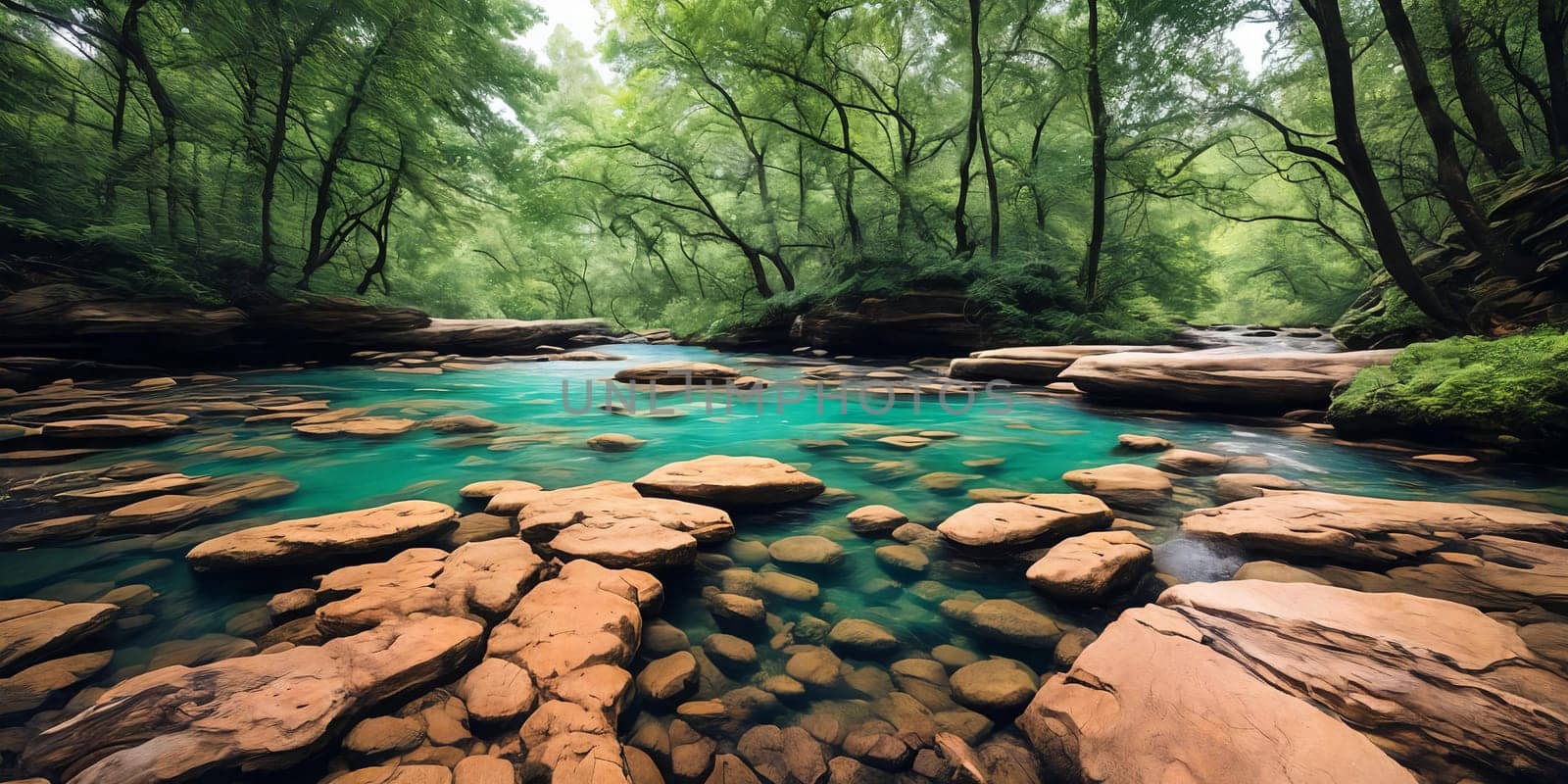 A quiet stream meanders through the lush forest, its calm waters reflecting the sunlight filtering through the canopy. Serene surroundings invite peaceful contemplation and pure tranquility. Generative AI.