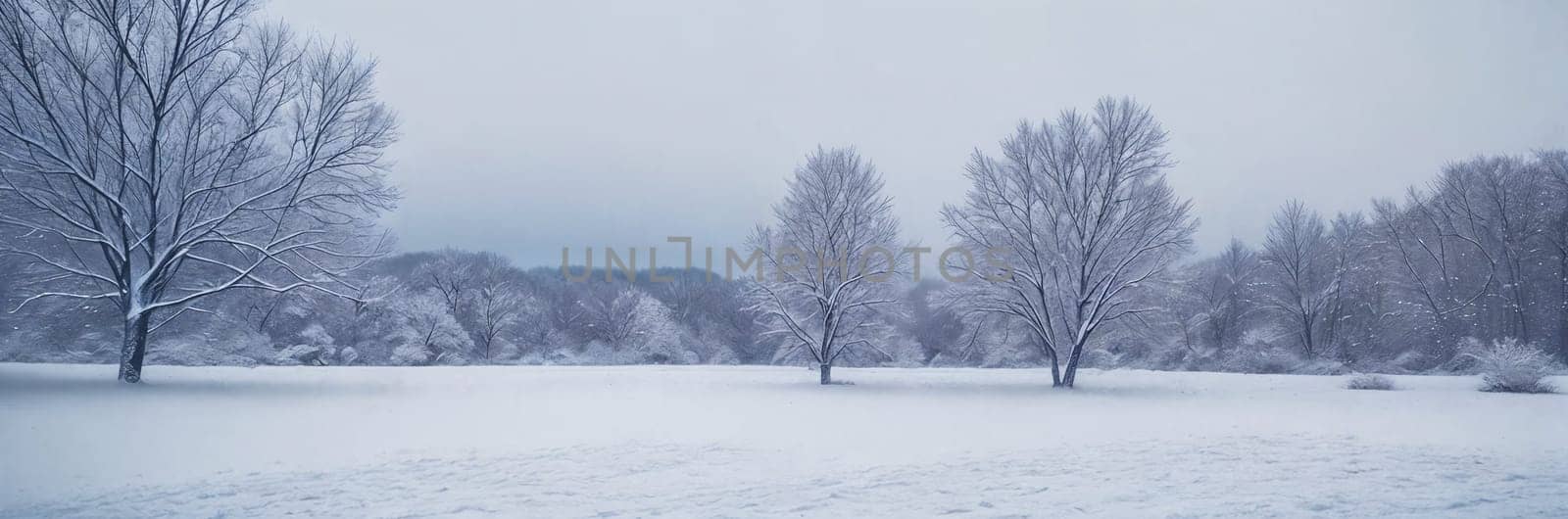 A serene winter landscape, picturesque panorama. Snow-covered landscapes, frost-covered trees, and wintery scenes. Generative