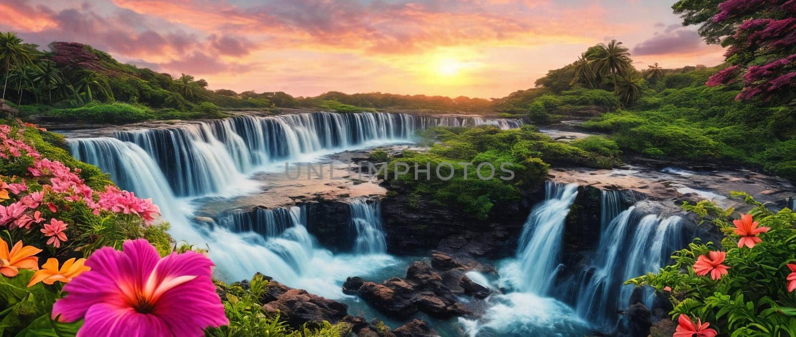 Fantasy landscape with waterfall at sunset, panorama.